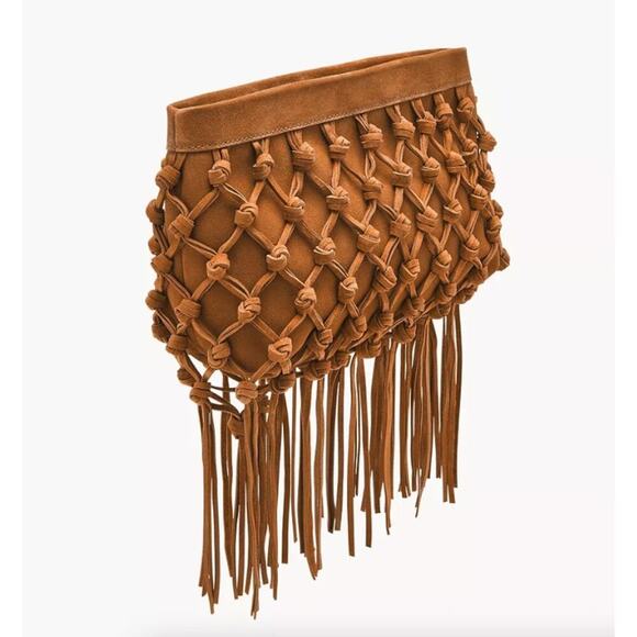 Fossil Handbags - Penrose Leather Pouch Clutch Saddle Suede Cage W/Fringe/Tassels NEW